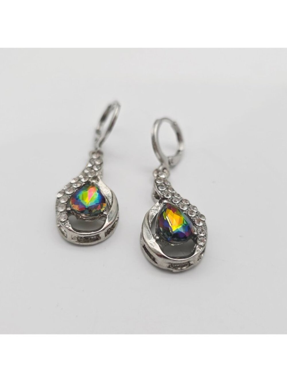Teardrop Rainbow Crystal & Rhinestone Dangle Earrings Silver-Tone - Picture 2 of 5